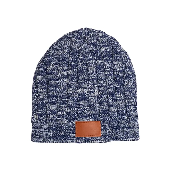 Heathered acrylic blend knit beanie with polyurethane faux leather patch... from ASI 79530 Prime Line