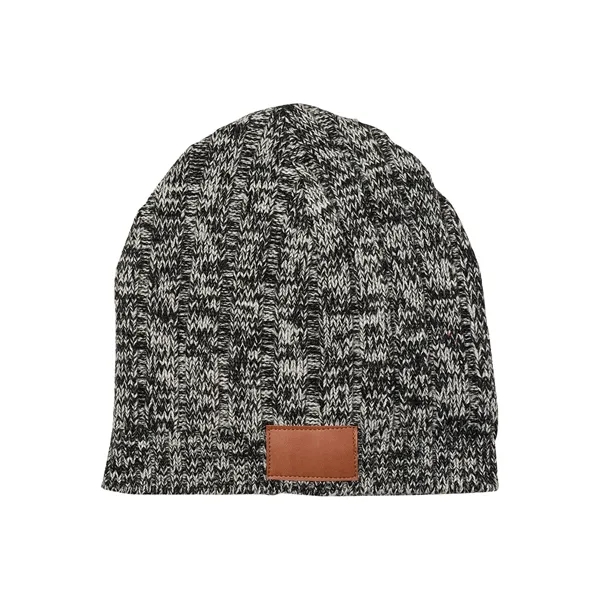Heathered acrylic blend knit beanie with polyurethane faux leather patch... from ASI 79530 Prime Line