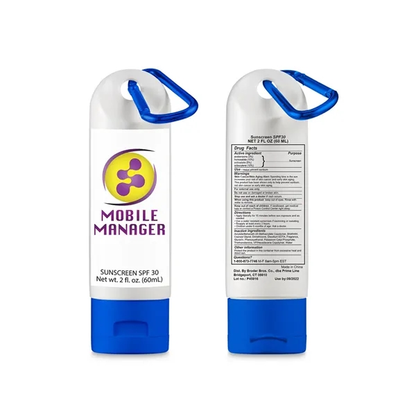 Two-ounce polyethylene SPF30 sunscreen bottle with carabiner clip.... from ASI 79530 Prime Line
