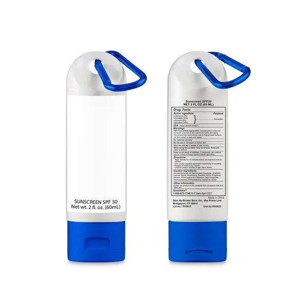 Two-ounce polyethylene SPF30 sunscreen bottle with carabiner clip.... from ASI 79530 Prime Line