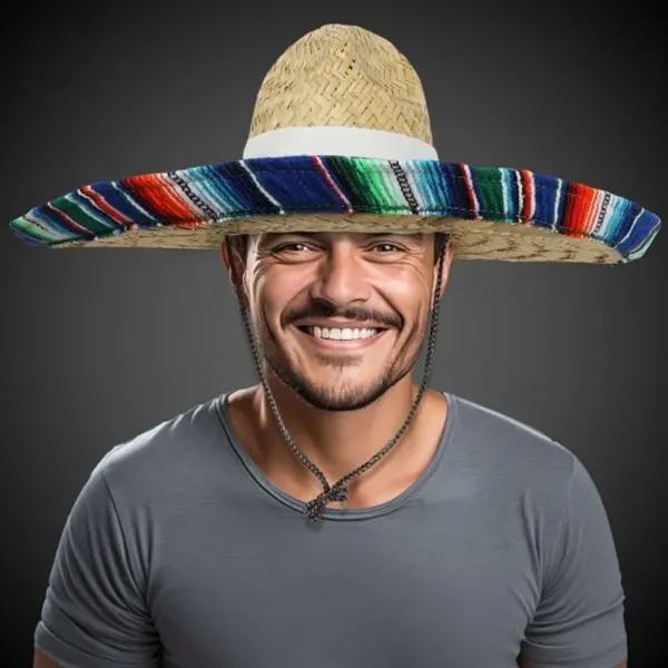 Over-sized straw sombrero hat with serape trim and imprintable hat band.... from ASI 42016 Brighter Promotions Inc