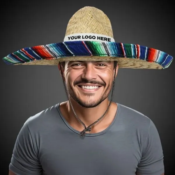 Over-sized straw sombrero hat with serape trim and imprintable hat band.... from ASI 42016 Brighter Promotions Inc