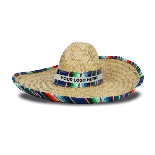 Over-sized straw sombrero hat with serape trim and imprintable hat band.... from ASI 42016 Brighter Promotions Inc