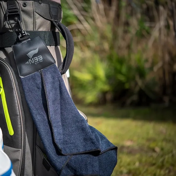 Triangle fold golf towel with leatherette header and plastic swivel hook... from ASI 61125 Hit Promotional Products / Hit®