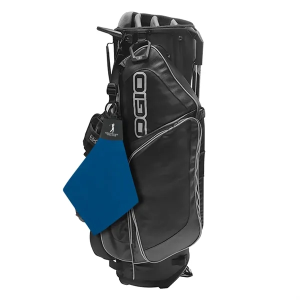 Triangle fold golf towel with leatherette header and plastic swivel hook... from ASI 61125 Hit Promotional Products / Hit®