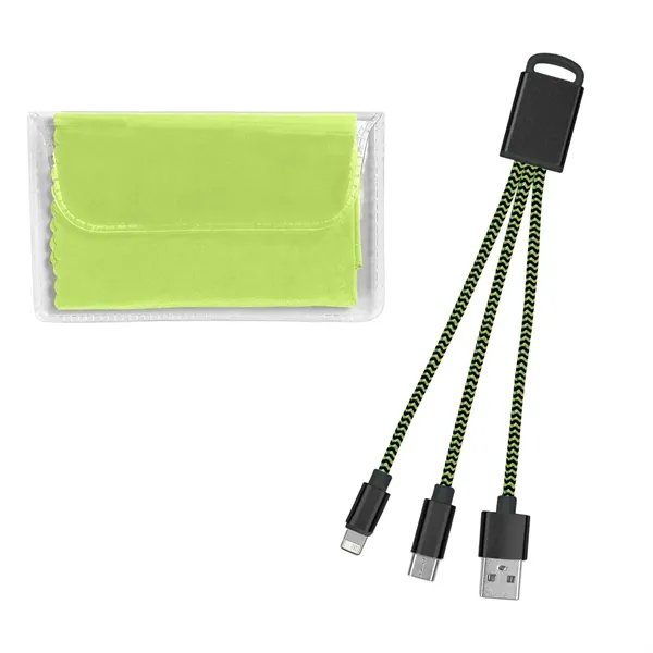 Charging buddy kit with 3-in-1 braided connectors and a microfiber cloth... from ASI 61125 Hit Promotional Products / Hit®