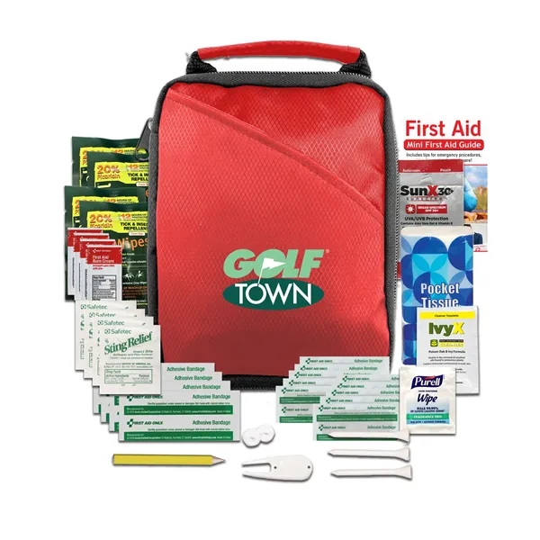 Golf kit with insect repellent wipes, sunscreen, first aid basics, golf... from ASI 84514 Safety Made