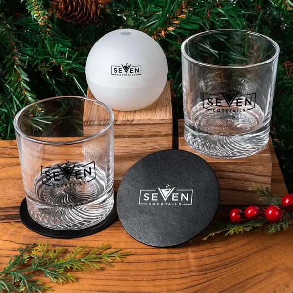 Whiskey kit featuring two glasses, ice cubes, and two bonded leather... from ASI 61125 Hit Promotional Products / Hit®