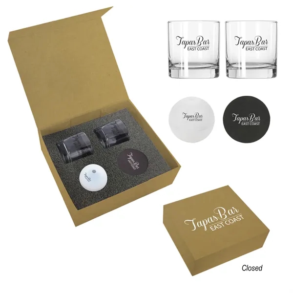Whiskey kit featuring two glasses, ice cubes, and two bonded leather... from ASI 61125 Hit Promotional Products / Hit®