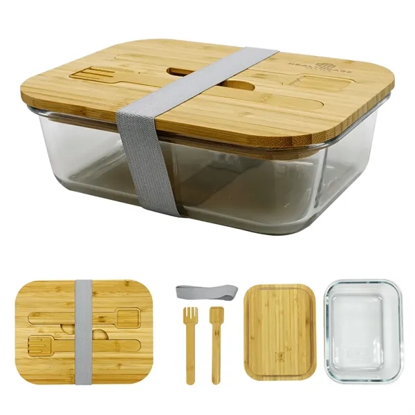 Borosilicate glass bento box with bamboo lid, bamboo fork and spoon.... from ASI 61125 Hit Promotional Products / Hit®