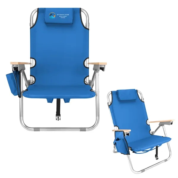 Portable reclining beach chair with arm rests, headrest and padded shoulder... from ASI 61125 Hit Promotional Products / Hit®