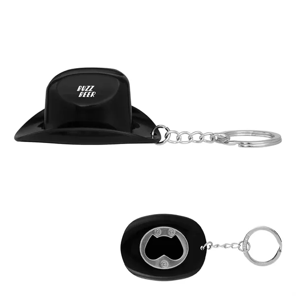 Plastic cowboy hat-shaped bottle opener with split ring attachment.... from ASI 61125 Hit Promotional Products / Hit®