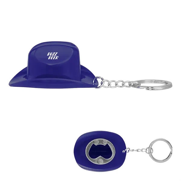 Plastic cowboy hat-shaped bottle opener with split ring attachment.... from ASI 61125 Hit Promotional Products / Hit®