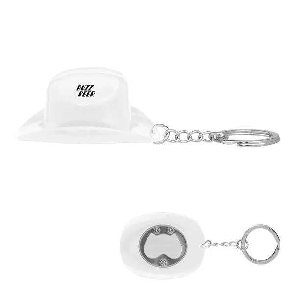 Plastic cowboy hat-shaped bottle opener with split ring attachment.... from ASI 61125 Hit Promotional Products / Hit®