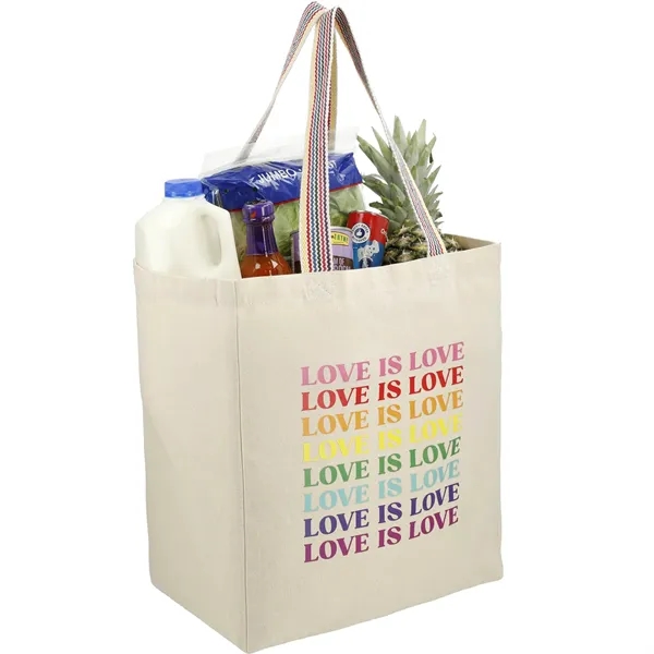 8 oz. recycled cotton grocery tote with rainbow webbing grab handles.... from ASI 66887 PCNA / Leeds
