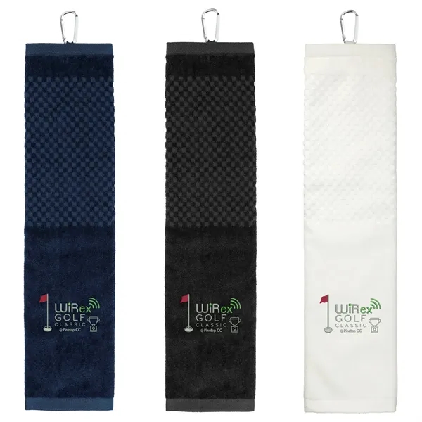 5.25" x 22" tri-fold golf towel with grommet and carabiner.... from ASI 66887 PCNA / Leeds
