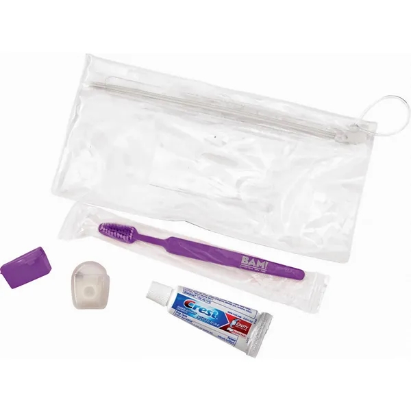 Wellness kit with a toothbrush, floss, travel cap, and toothpaste... from ASI 66887 PCNA / Bullet