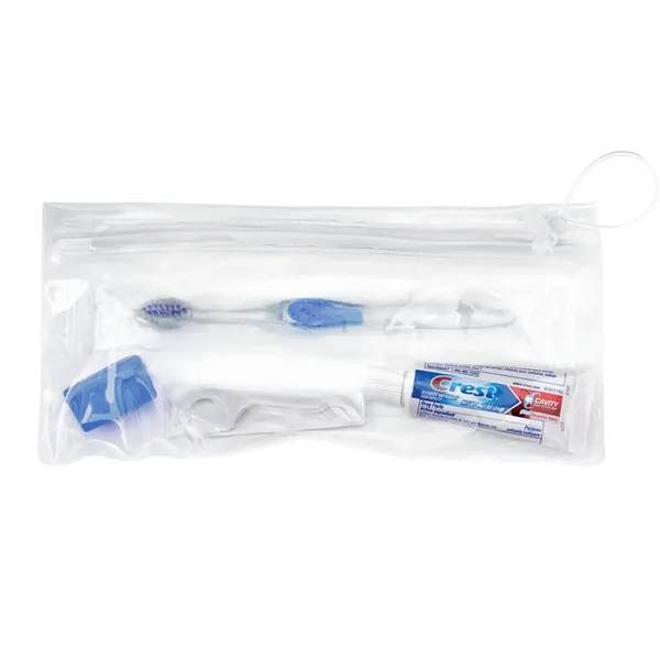 Wellness kit with a toothbrush, floss, travel cap, and toothpaste... from ASI 66887 PCNA / Bullet