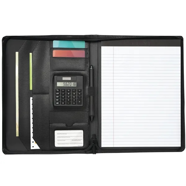 Zippered pad folio with solar calculator, multiple file pockets, accordion-style card... from ASI 66887 PCNA / Leeds