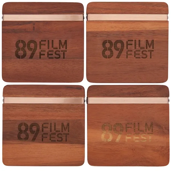 Beverage coasters made of acacia wood and metal.... from ASI 66887 PCNA / Leed’s
