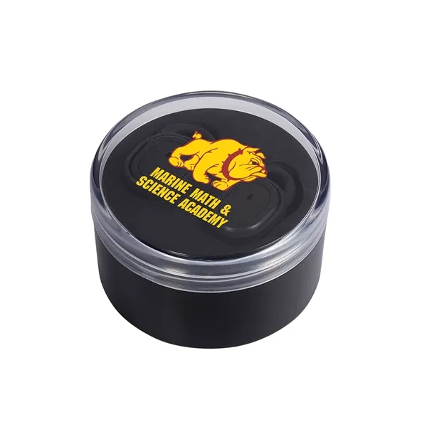Wireless earbuds with microphone in a compact round plastic storage case... from ASI 79530 Prime Line