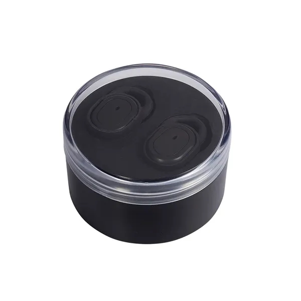 Wireless earbuds with microphone in a compact round plastic storage case... from ASI 79530 Prime Line