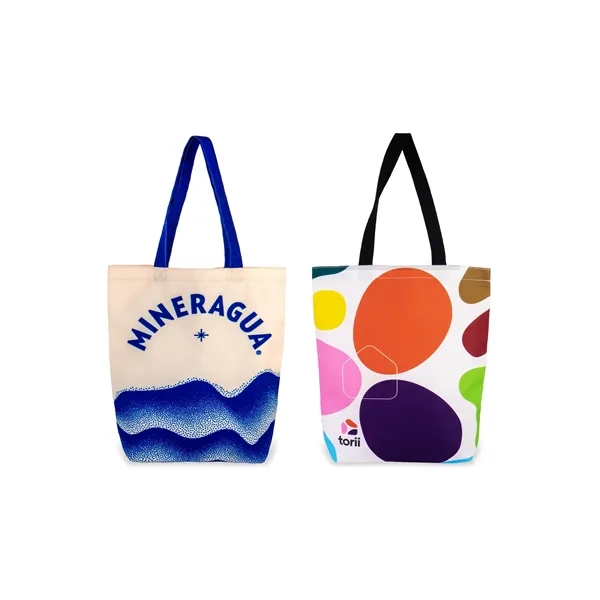 Full color, full bleed 13.4" x 15.75" Recycled Canvas tote... from ASI 45657 Pop! Promos