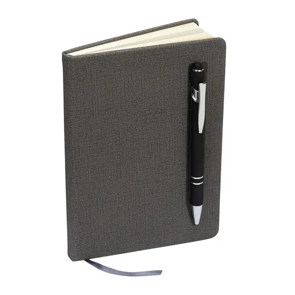 Journal gift set featuring a journal with textured grey cover and... from ASI 67866 Logomark/Valumark