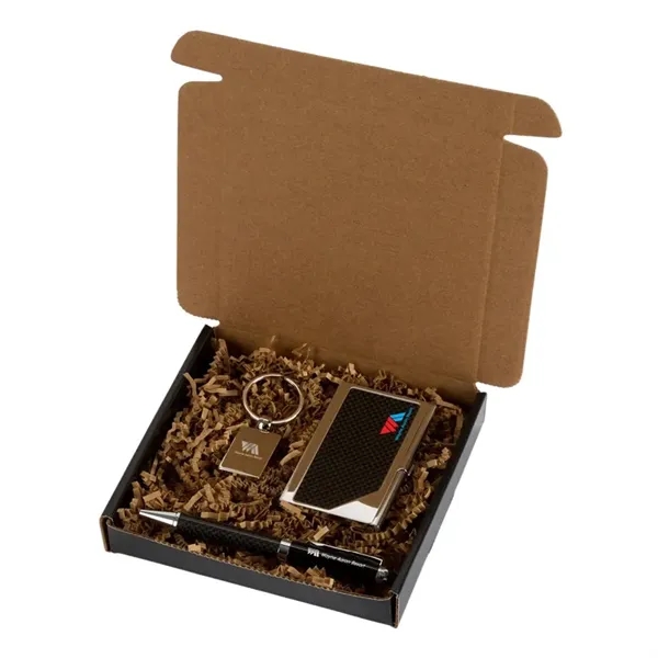 Carbon Fiber Pen, Business Card Case and Chrome Keyring Set... from ASI 67866 Logomark/Valumark
