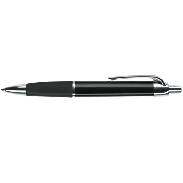 Ballpoint pen with plunger action mechanism, colored metallic triangular barrel, soft... from ASI 67866 Logomark/Valumark