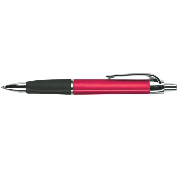 Ballpoint pen with plunger action mechanism, colored metallic triangular barrel, soft... from ASI 67866 Logomark/Valumark