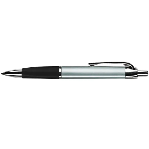 Ballpoint pen with plunger action mechanism, colored metallic triangular barrel, soft... from ASI 67866 Logomark/Valumark