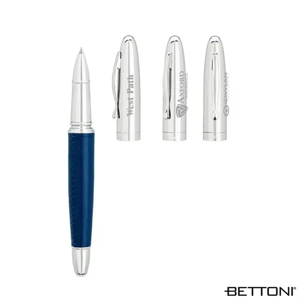 Rollerball pen with cap-off design, solid brass chrome cap, leather barrel... from ASI 67866 Logomark/Valumark