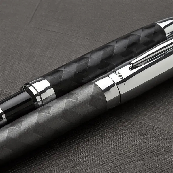 Rollerball pen with cap-off design, woven design barrel and chrome cap... from ASI 67866 Logomark/Valumark