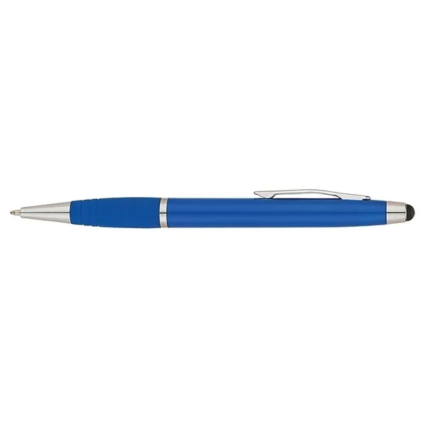 Twist-action ballpoint pen with sleek, shiny body, color matching rubberized grip... from ASI 67866 Logomark/Valumark / Valumark™
