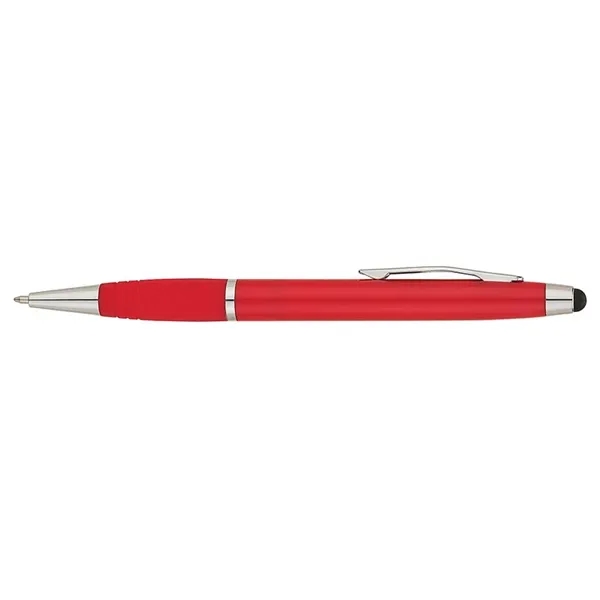Twist-action ballpoint pen with sleek, shiny body, color matching rubberized grip... from ASI 67866 Logomark/Valumark / Valumark™