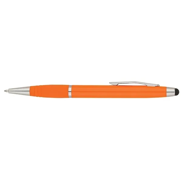 Twist-action ballpoint pen with sleek, shiny body, color matching rubberized grip... from ASI 67866 Logomark/Valumark / Valumark™