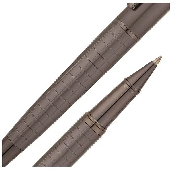 Heavyweight brass rollerball pen with cap-off design, satin gunmetal cap and... from ASI 67866 Logomark/Valumark