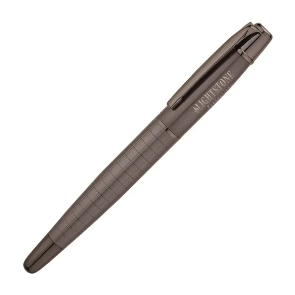 Heavyweight brass rollerball pen with cap-off design, satin gunmetal cap and... from ASI 67866 Logomark/Valumark