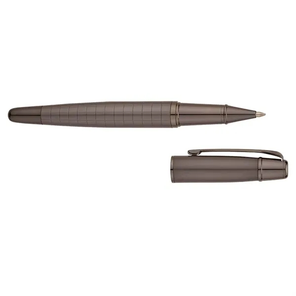 Heavyweight brass rollerball pen with cap-off design, satin gunmetal cap and... from ASI 67866 Logomark/Valumark