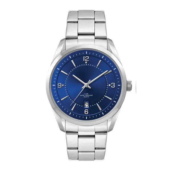 Men's watch with bold 42mm metal case encircling a blue sunray... from ASI 67866 Logomark/Valumark