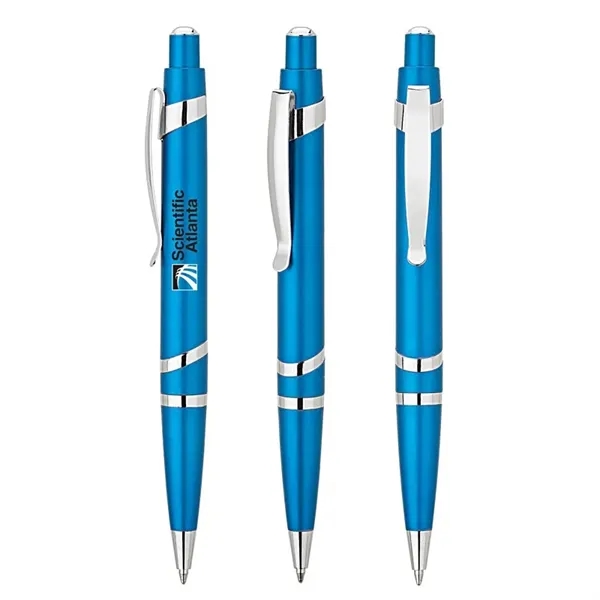 Plunger action ballpoint pen with metallic finish, spiral silver accent rings... from ASI 67866 Logomark/Valumark