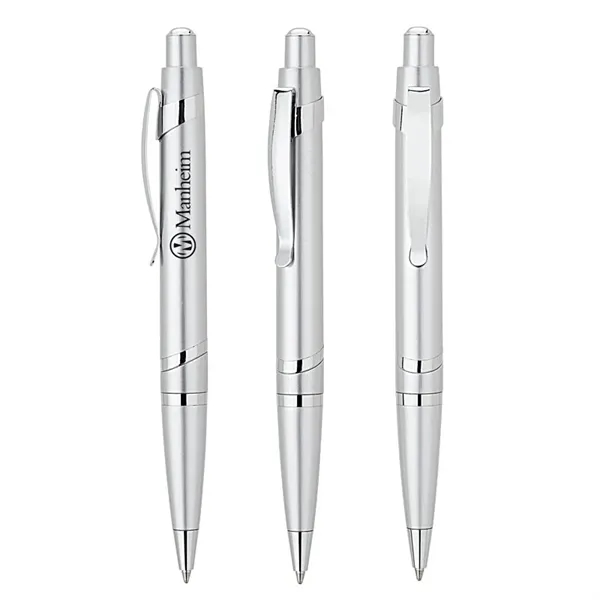 Plunger action ballpoint pen with metallic finish, spiral silver accent rings... from ASI 67866 Logomark/Valumark