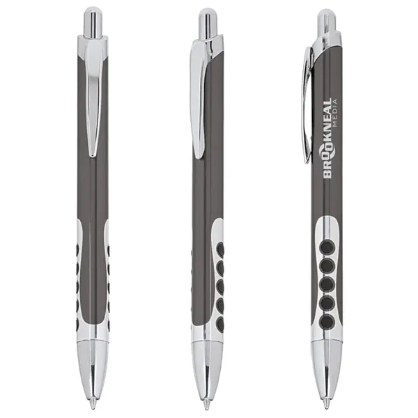 Aluminum ballpoint pen with plunger action mechanism, rubber circle designed grip... from ASI 67866 Logomark/Valumark / Valumark™