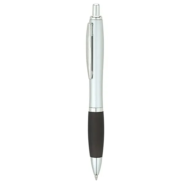 Plunger-action ballpoint pen with matte silver barrel, translucent colored rubberized grip,... from ASI 67866 Logomark/Valumark / Valumark™
