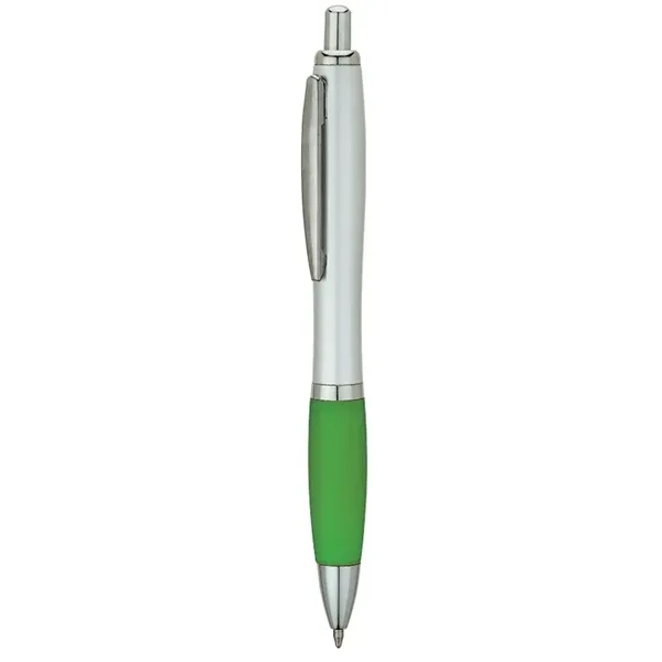 Plunger-action ballpoint pen with matte silver barrel, translucent colored rubberized grip,... from ASI 67866 Logomark/Valumark / Valumark™