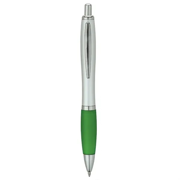 Plunger-action ballpoint pen with matte silver barrel, translucent colored rubberized grip,... from ASI 67866 Logomark/Valumark / Valumark™