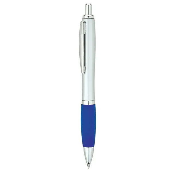 Plunger-action ballpoint pen with matte silver barrel, translucent colored rubberized grip,... from ASI 67866 Logomark/Valumark / Valumark™