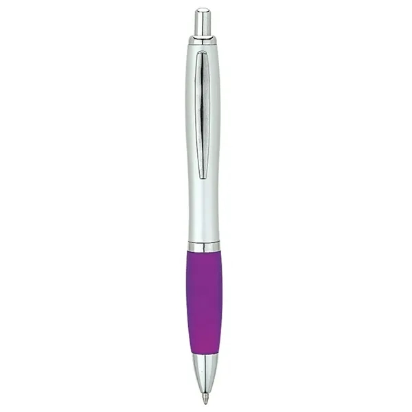 Plunger-action ballpoint pen with matte silver barrel, translucent colored rubberized grip,... from ASI 67866 Logomark/Valumark / Valumark™
