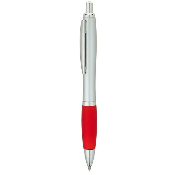 Plunger-action ballpoint pen with matte silver barrel, translucent colored rubberized grip,... from ASI 67866 Logomark/Valumark / Valumark™